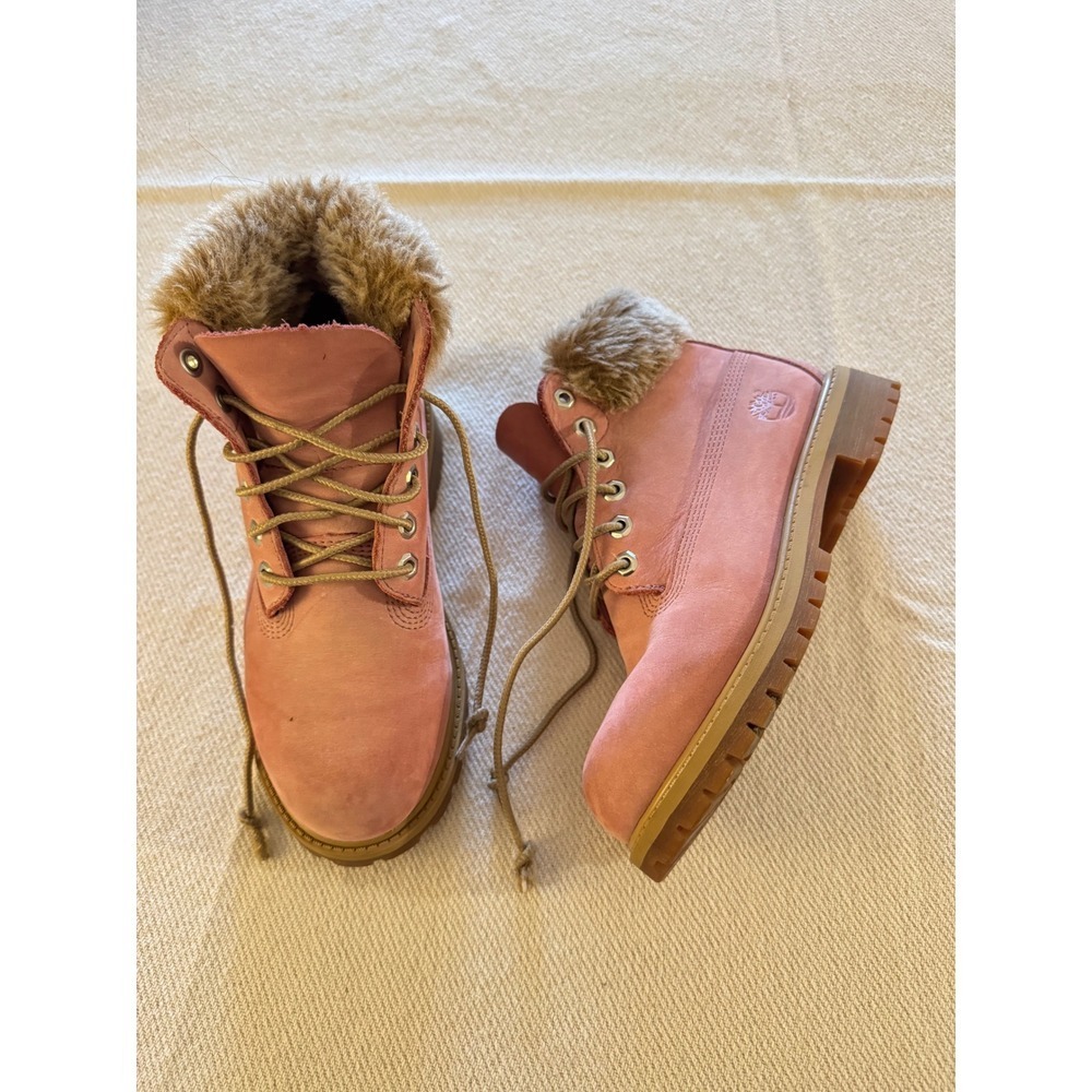 Timberland‎ 6 Inch Premium Pink Nubuck Faux Fur Waterproof Boots Girls Size 1.5